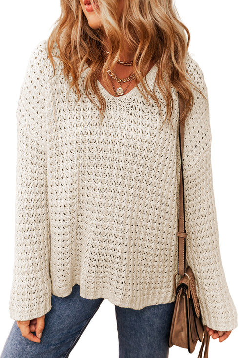 Hollow-out Crochet V Neck Sweater