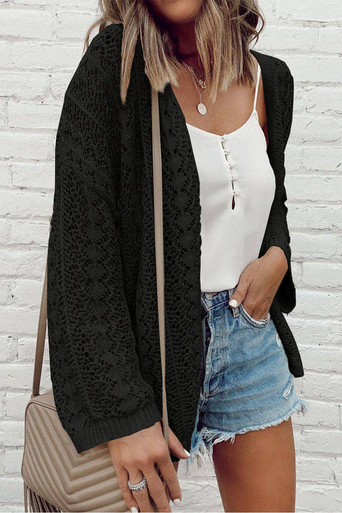Hollow Out Knit Drop Shoulder Open Front Cardigan