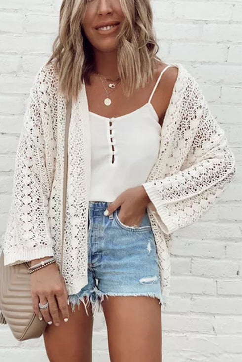 Hollow Out Knit Drop Shoulder Open Front Cardigan
