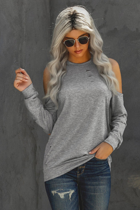 Hollow Out Off-The-Shoulder Long Sleeve T-Shirt