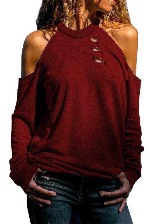 Hollow Out Off-The-Shoulder Long Sleeve T-Shirt