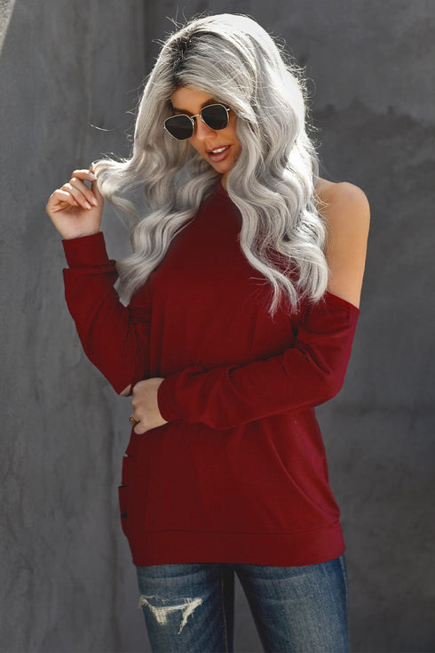 Hollow Out Off-The-Shoulder Long Sleeve T-Shirt