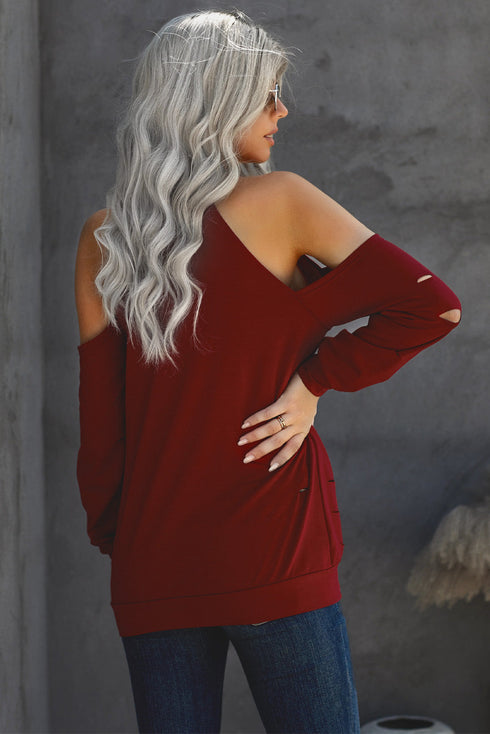 Hollow Out Off-The-Shoulder Long Sleeve T-Shirt