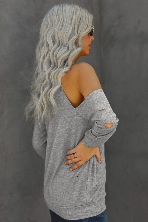 Hollow Out Off-The-Shoulder Long Sleeve T-Shirt