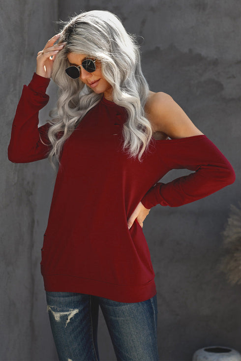 Hollow Out Off-The-Shoulder Long Sleeve T-Shirt