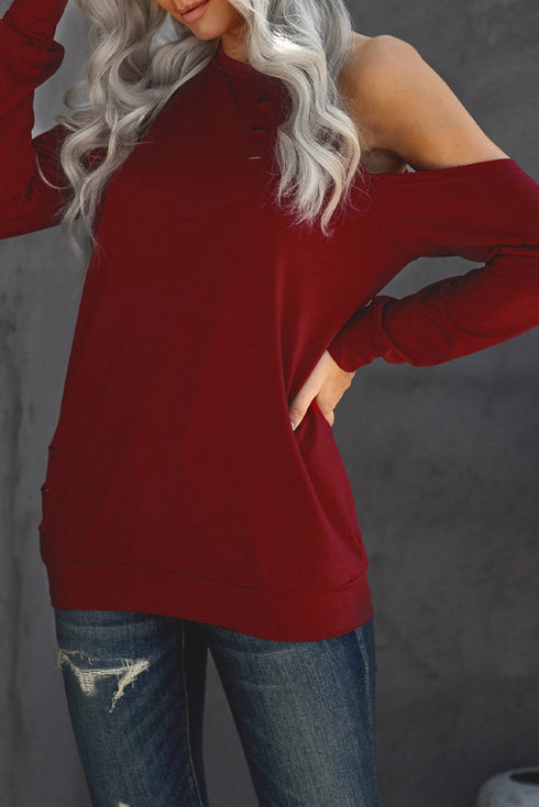 Hollow Out Off-The-Shoulder Long Sleeve T-Shirt
