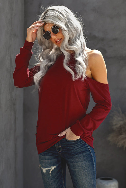 Hollow Out Off-The-Shoulder Long Sleeve T-Shirt