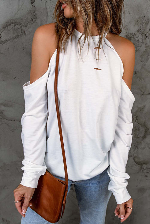 Hollow Out Off-The-Shoulder Long Sleeve T-Shirt