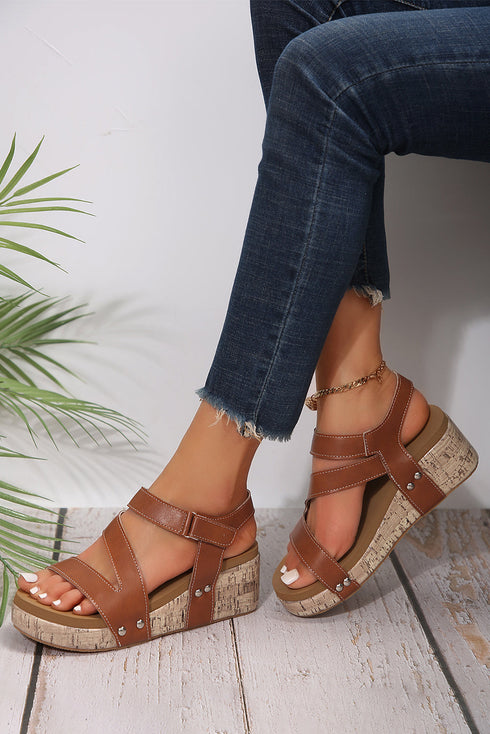 Hollow Out PU Leather Velcro Strap Wedge Sandals