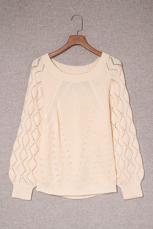 Hollow-Out Puffy Sleeve Drop Shoulder Round Neck Knit Pullover Sweater