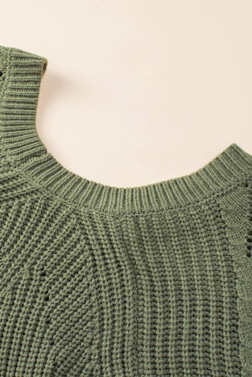 Hollow-Out Puffy Sleeve Drop Shoulder Round Neck Knit Pullover Sweater
