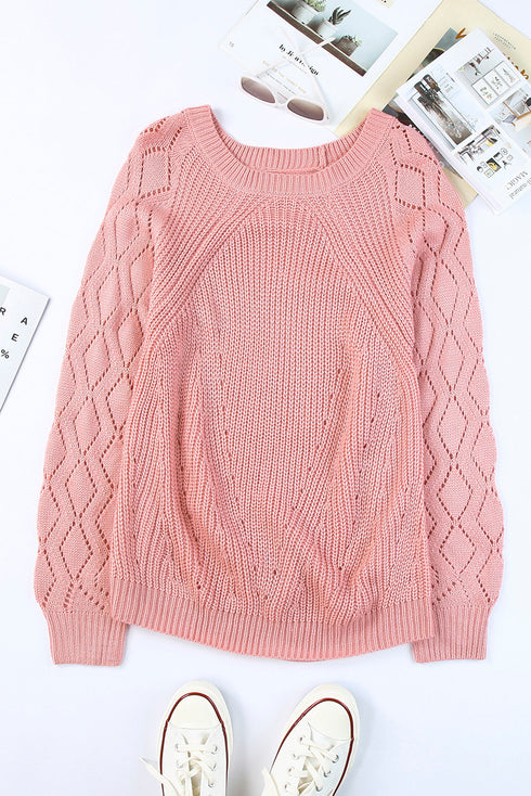 Hollow-Out Puffy Sleeve Drop Shoulder Round Neck Knit Pullover Sweater