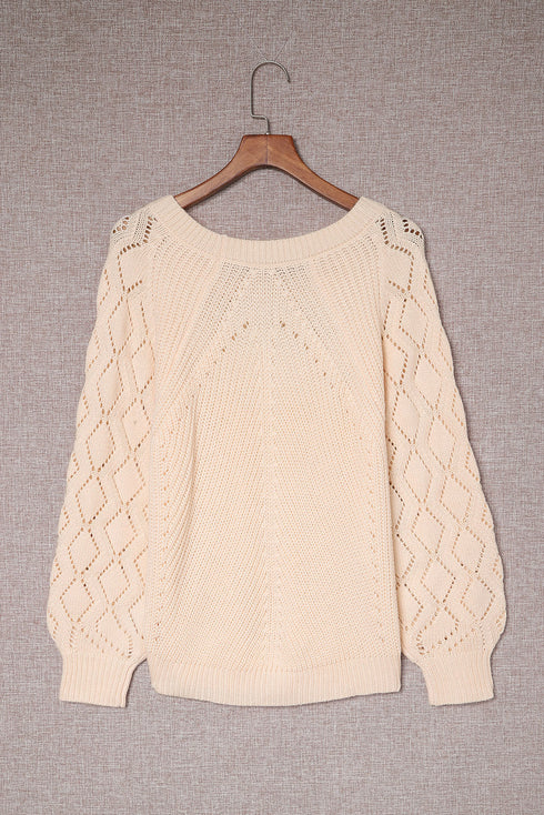 Hollow-Out Puffy Sleeve Drop Shoulder Round Neck Knit Pullover Sweater