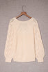 Hollow-Out Puffy Sleeve Drop Shoulder Round Neck Knit Pullover Sweater