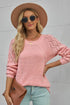 Hollow-Out Puffy Sleeve Drop Shoulder Round Neck Knit Pullover Sweater
