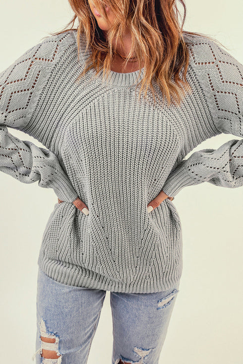 Hollow-Out Puffy Sleeve Drop Shoulder Round Neck Knit Pullover Sweater