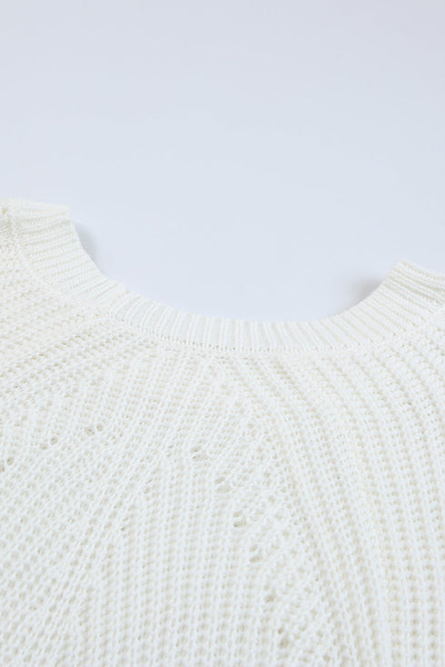 Hollow-Out Puffy Sleeve Drop Shoulder Round Neck Knit Pullover Sweater