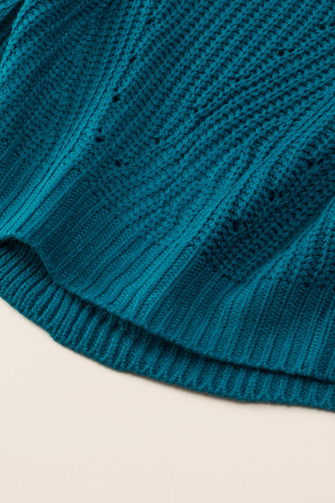 Hollow-Out Puffy Sleeve Drop Shoulder Round Neck Knit Pullover Sweater