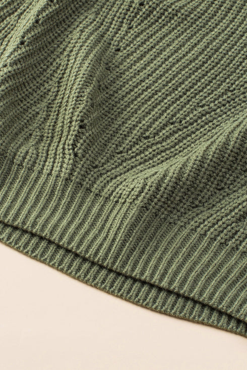 Hollow-Out Puffy Sleeve Drop Shoulder Round Neck Knit Pullover Sweater