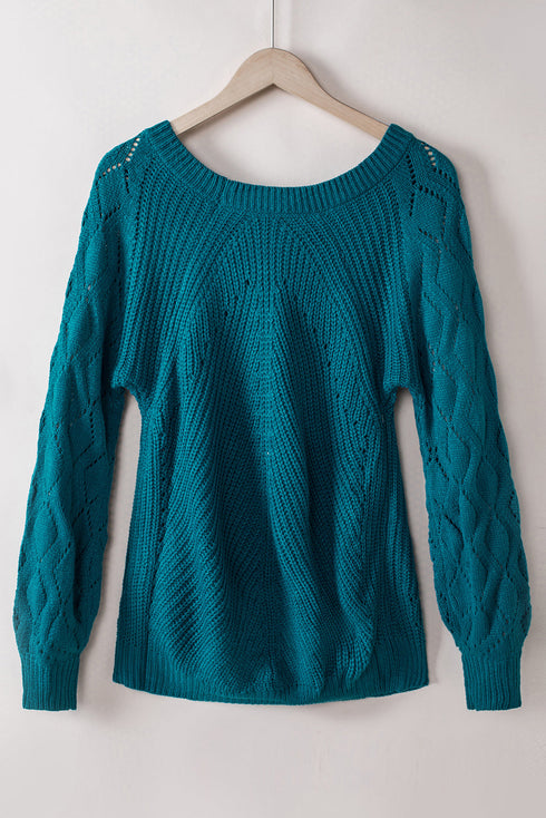 Hollow-Out Puffy Sleeve Drop Shoulder Round Neck Knit Pullover Sweater