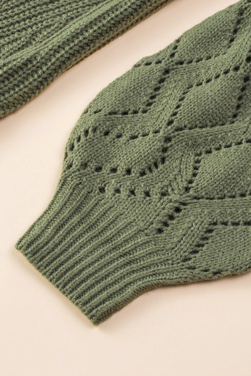 Hollow-Out Puffy Sleeve Drop Shoulder Round Neck Knit Pullover Sweater