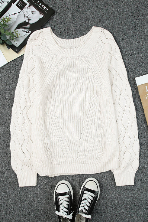 Hollow-Out Puffy Sleeve Drop Shoulder Round Neck Knit Pullover Sweater