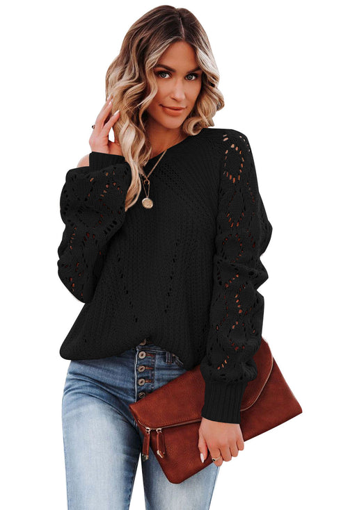 Hollow-Out Puffy Sleeve Drop Shoulder Round Neck Knit Pullover Sweater