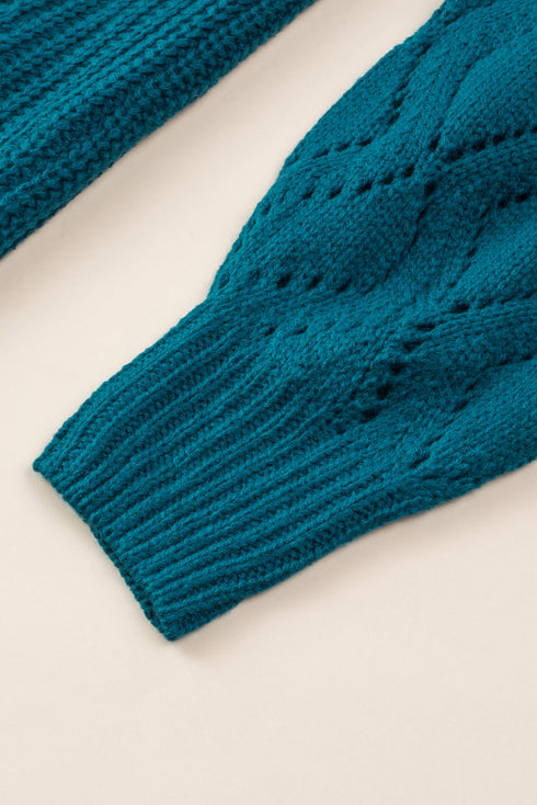 Hollow-Out Puffy Sleeve Drop Shoulder Round Neck Knit Pullover Sweater