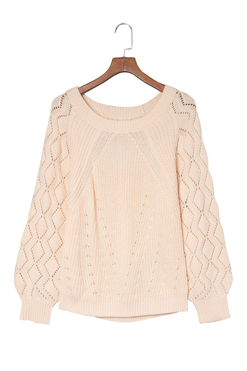 Hollow-Out Puffy Sleeve Drop Shoulder Round Neck Knit Pullover Sweater