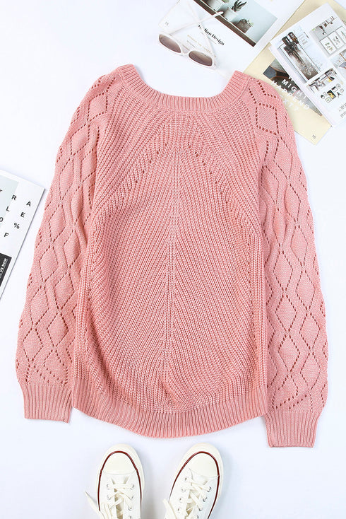 Hollow-Out Puffy Sleeve Drop Shoulder Round Neck Knit Pullover Sweater