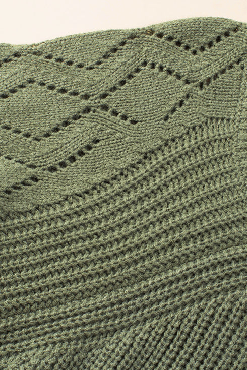 Hollow-Out Puffy Sleeve Drop Shoulder Round Neck Knit Pullover Sweater