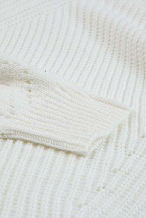Hollow-Out Puffy Sleeve Drop Shoulder Round Neck Knit Pullover Sweater