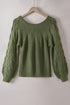 Hollow-Out Puffy Sleeve Drop Shoulder Round Neck Knit Pullover Sweater