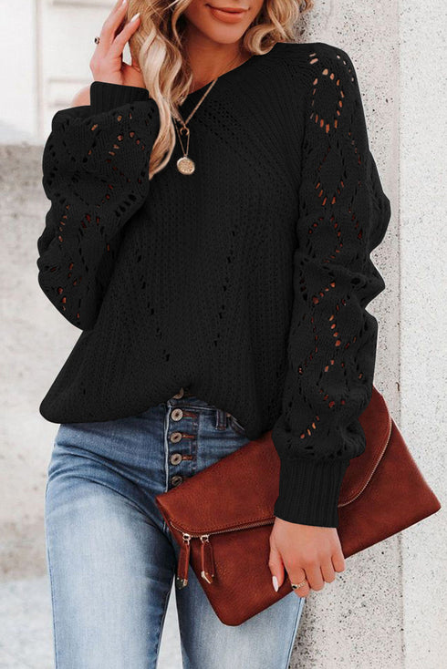 Hollow-Out Puffy Sleeve Drop Shoulder Round Neck Knit Pullover Sweater