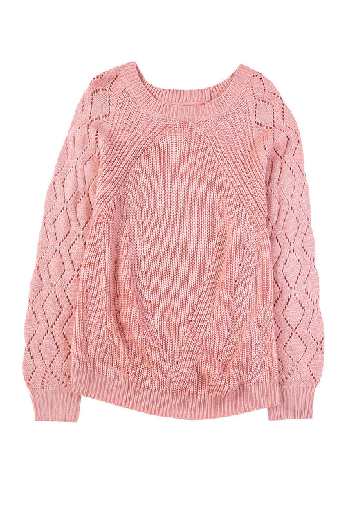 Hollow-Out Puffy Sleeve Drop Shoulder Round Neck Knit Pullover Sweater