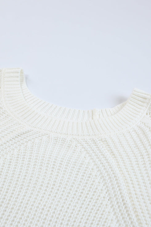 Hollow-Out Puffy Sleeve Drop Shoulder Round Neck Knit Pullover Sweater