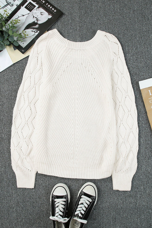 Hollow-Out Puffy Sleeve Drop Shoulder Round Neck Knit Pullover Sweater