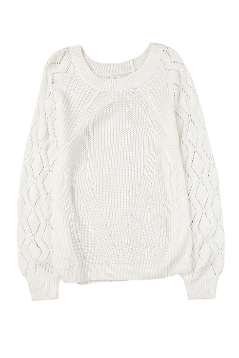 Hollow-Out Puffy Sleeve Drop Shoulder Round Neck Knit Pullover Sweater
