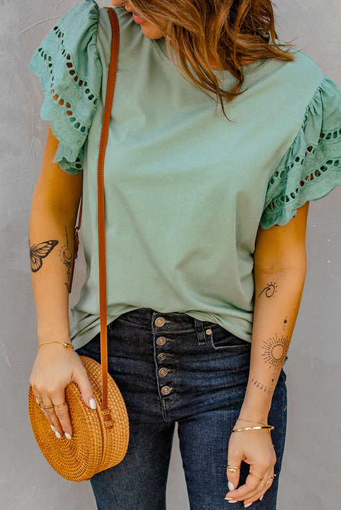 Hollow Out Ruffle Sleeve T-Shirt