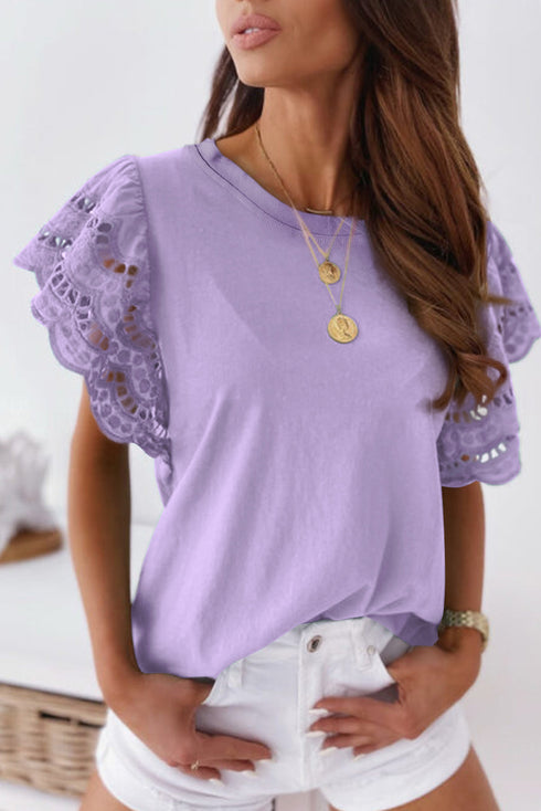 Hollow Out Ruffle Sleeve T-Shirt
