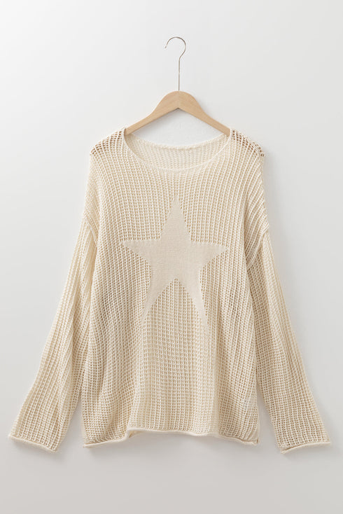 Hollow Out Textured Knit Star Print Sweater