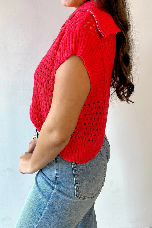 Hollowed Knit Zipper Collar Short Sleeve Casual Sweater