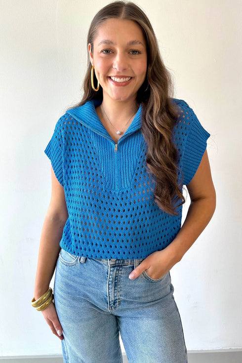 Hollowed Knit Zipper Collar Short Sleeve Casual Sweater