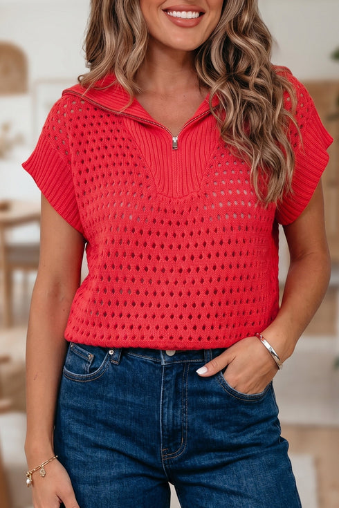 Hollowed Knit Zipper Collar Short Sleeve Casual Sweater