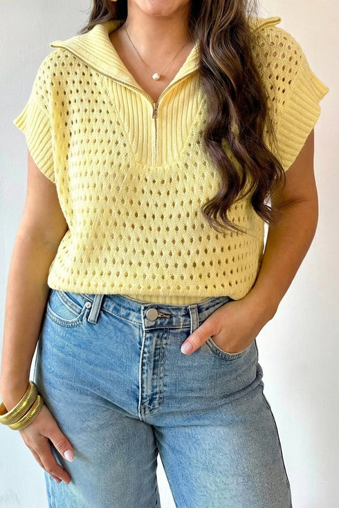 Hollowed Knit Zipper Collar Short Sleeve Casual Sweater