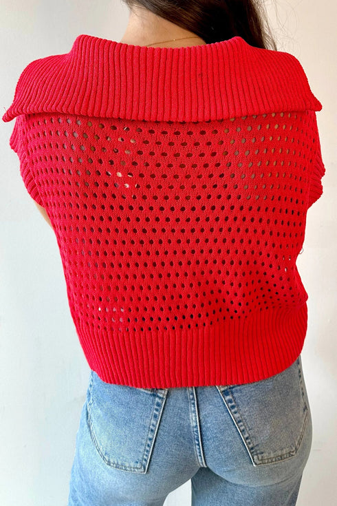 Hollowed Knit Zipper Collar Short Sleeve Casual Sweater