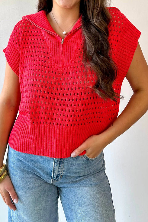 Hollowed Knit Zipper Collar Short Sleeve Casual Sweater