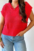Hollowed Knit Zipper Collar Short Sleeve Casual Sweater