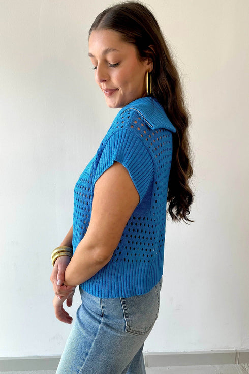 Hollowed Knit Zipper Collar Short Sleeve Casual Sweater
