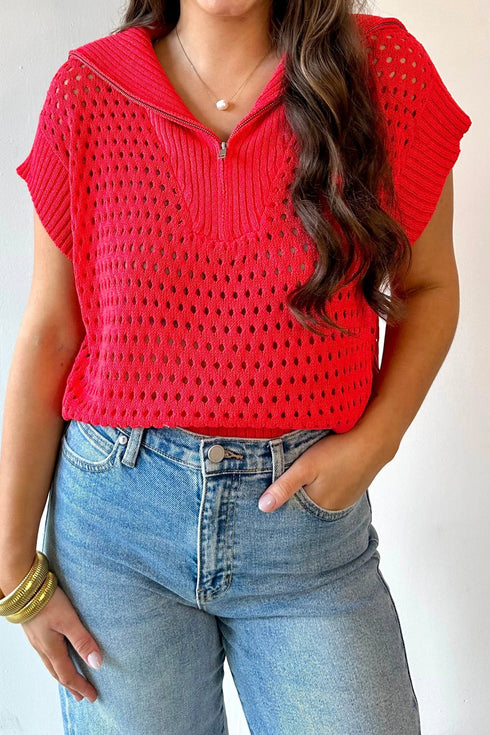 Hollowed Knit Zipper Collar Short Sleeve Casual Sweater